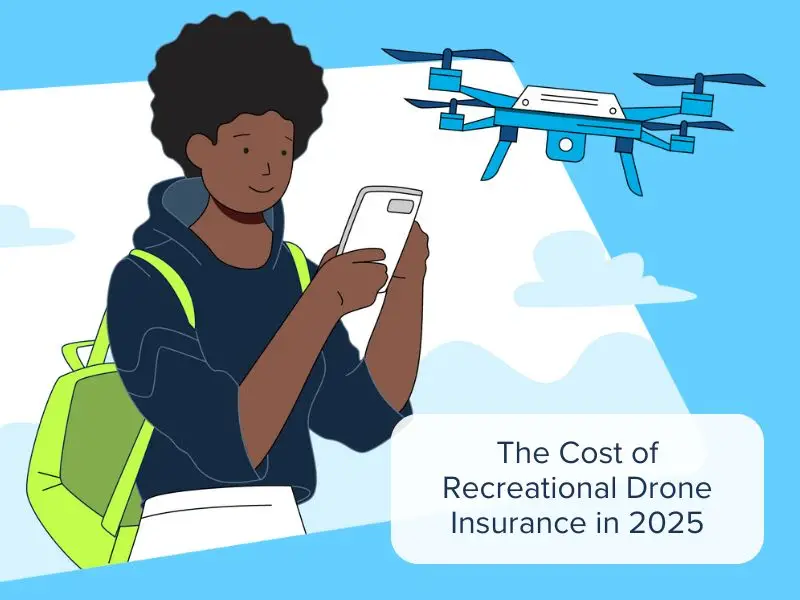 Illustration of a recreational drone pilot checking their phone, with a drone flying above and the title 'The Cost of Recreational Drone Insurance in 2025