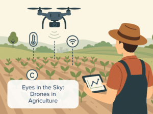 An illustration of a farmer flying a drone over a field, collecting data, highlighting the expanding use of drones in agriculture