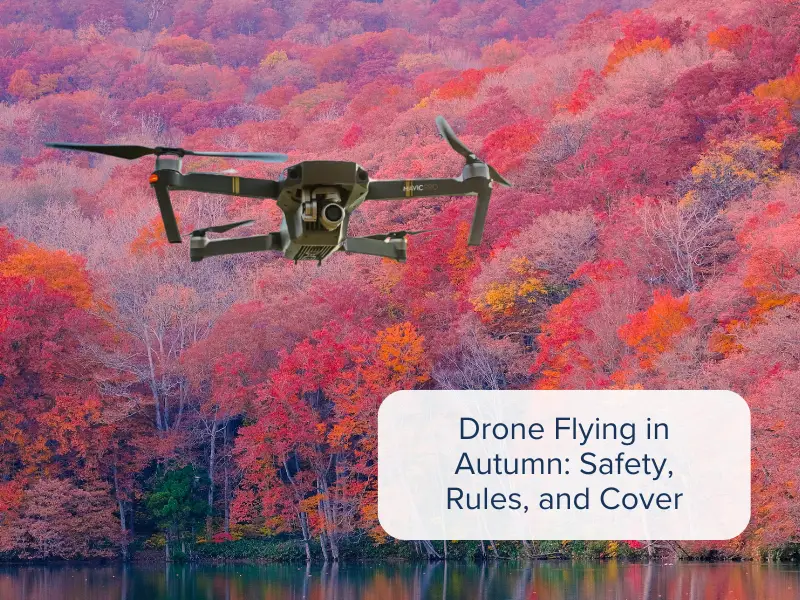 A drone flying in autumn surroundings, which has seasonal implications for drone flying and insurance.