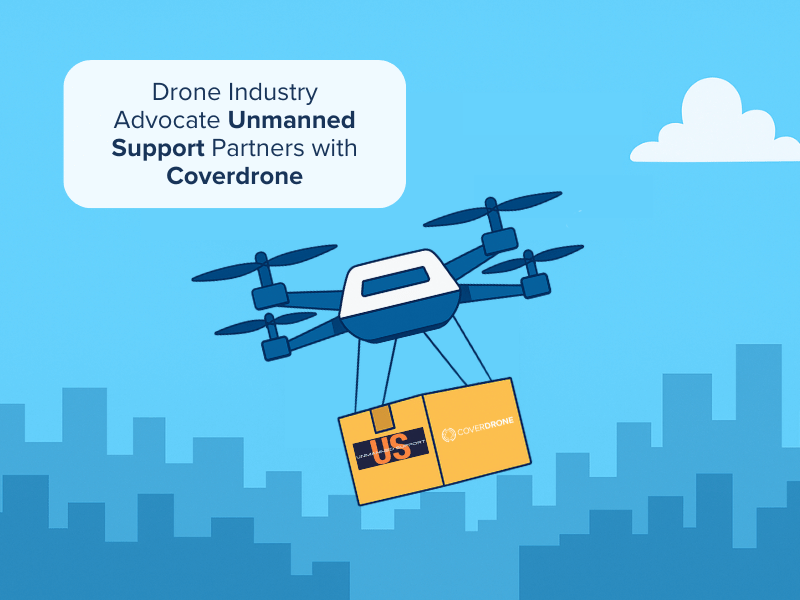 Drone on blue background ships partnership between Unmanned Support and Coverdrone