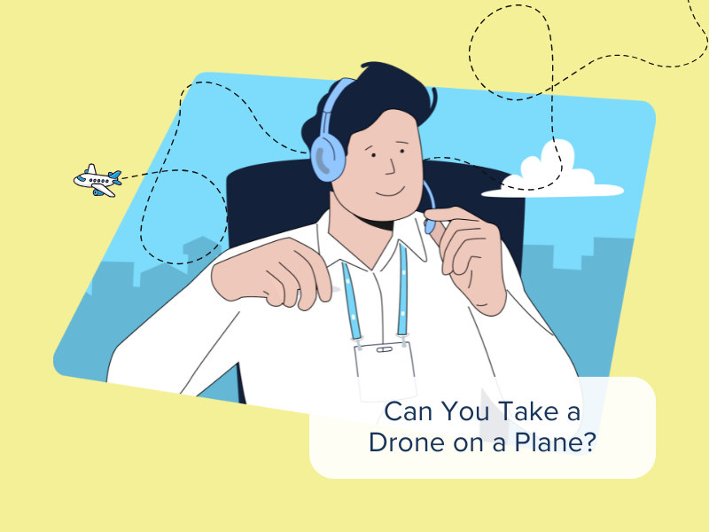Person with blue headset and lanyard with plane flying in background - Can You Take a Drone on a Plane?