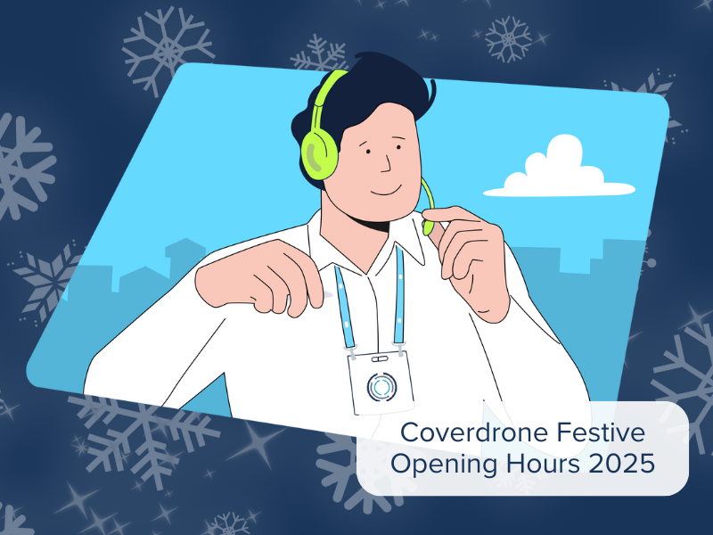 A graphic depicting a customer support avatar with a label overlay that says "Coverdrone Festive Opening Hours 2025"