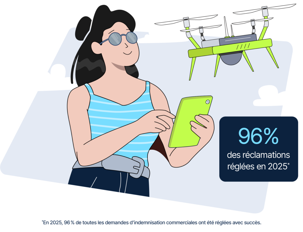 Femme pilotant un drone - encadré indiquant : "96 % des réclamations réglées en 2025"