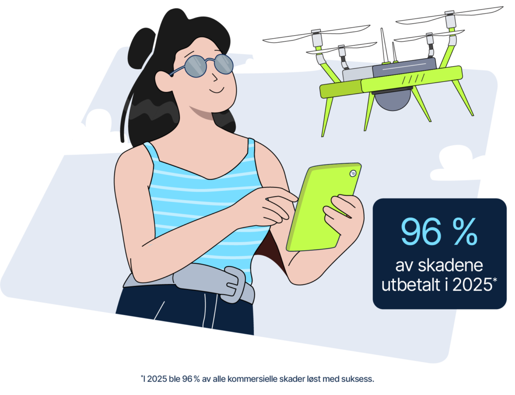 Kvinne som opererer en drone – boks med teksten: "96 % av skadene utbetalt i 2025"