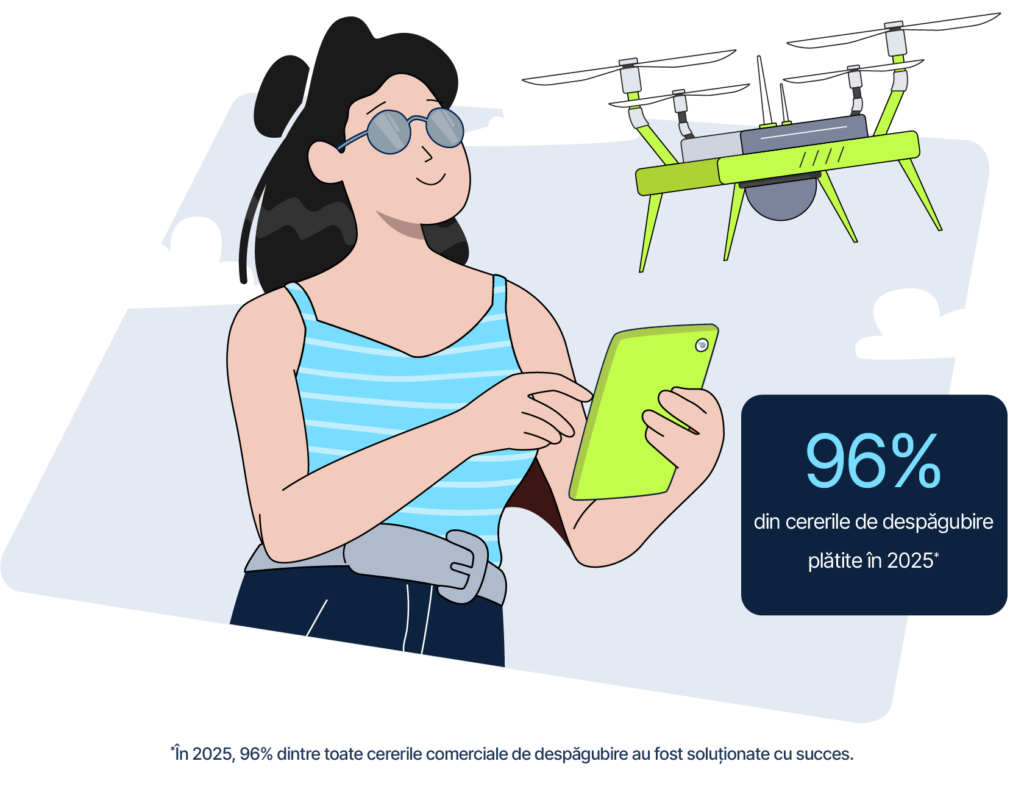 Femeie care operează o dronă – casetă cu textul: «96% din cererile de despăgubire plătite în 2025»