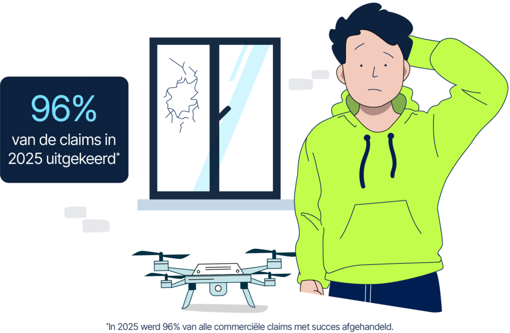 Persoon met een drone voor een gebroken raam – vak met de tekst: "96% van de claims in 2025 uitgekeerd"