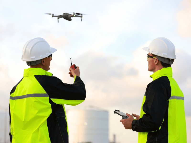 Two engineers pointing with a drone in the air