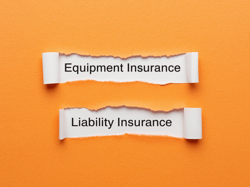 Equipment Insurance and Liability Insurance words tearing through coloured paper