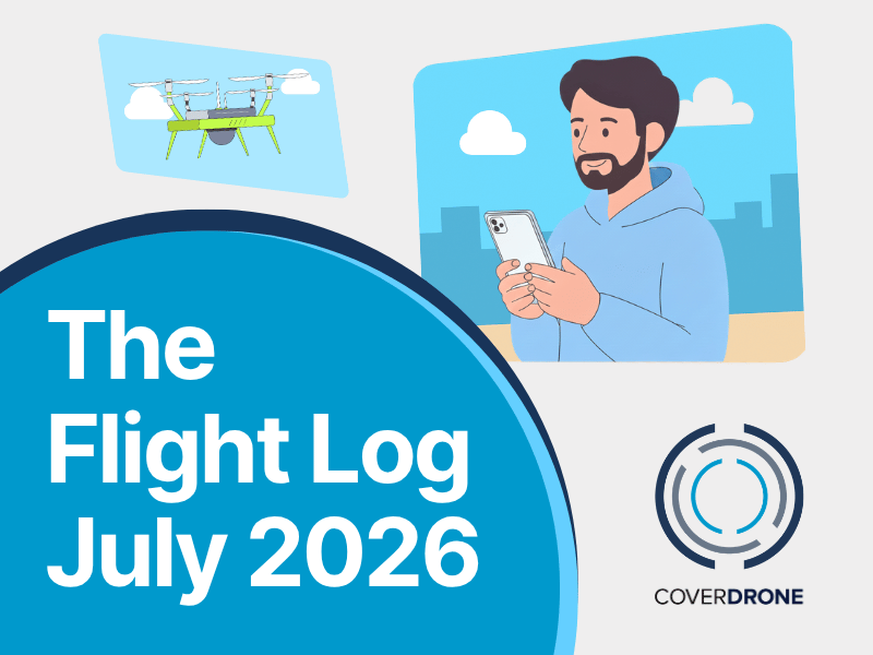 Person with a beard reading The Flight Log drone newsletter (July 2026) on a mobile phone with a drone in the background