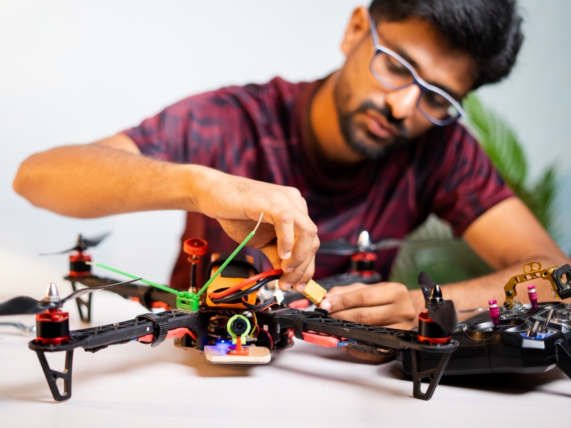 A young adult student working on a drone as part of his specialist studies
