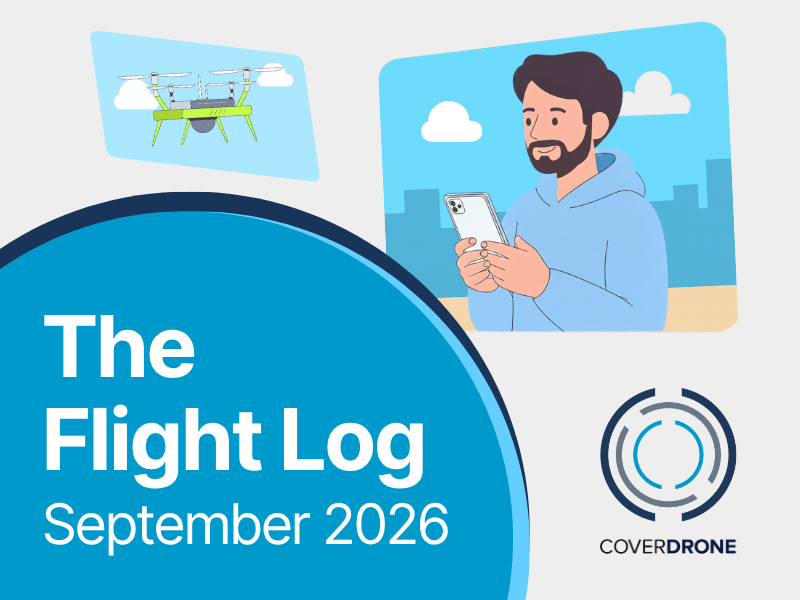 Person with a beard reading the September 2026 The Flight Log drone newsletter on a mobile phone with a drone in the background