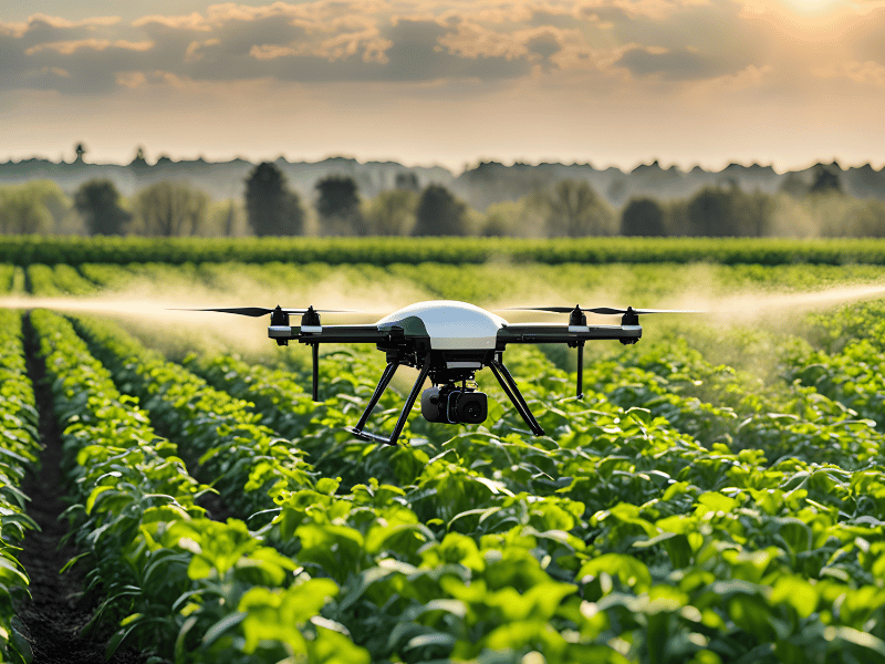 An agricultural drone spraying crops
